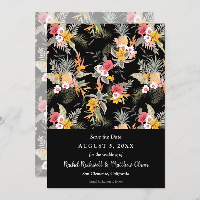 Tropical Floral on Black Wedding Save the Date (Front/Back)