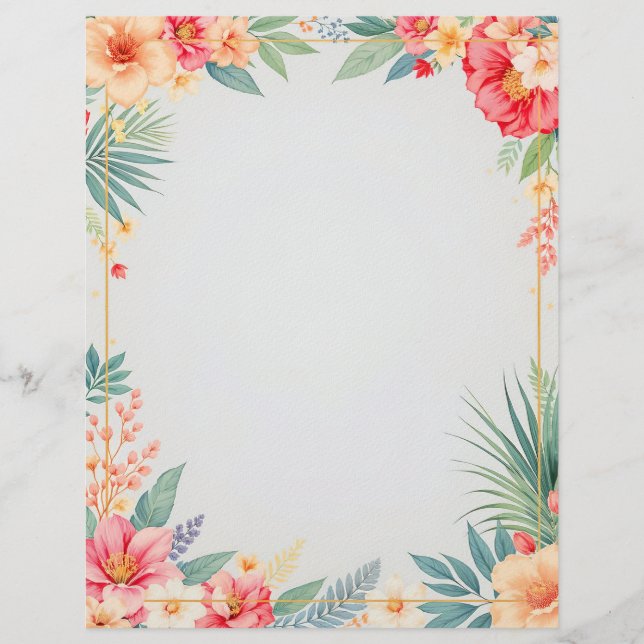 Tropical Floral on Blue Stationery Paper Custom Letterhead (Front)