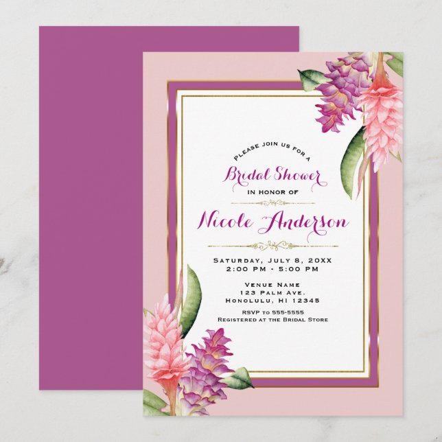 Tropical Floral Orchid Purple Pink Bridal Shower Invitation (Front/Back)