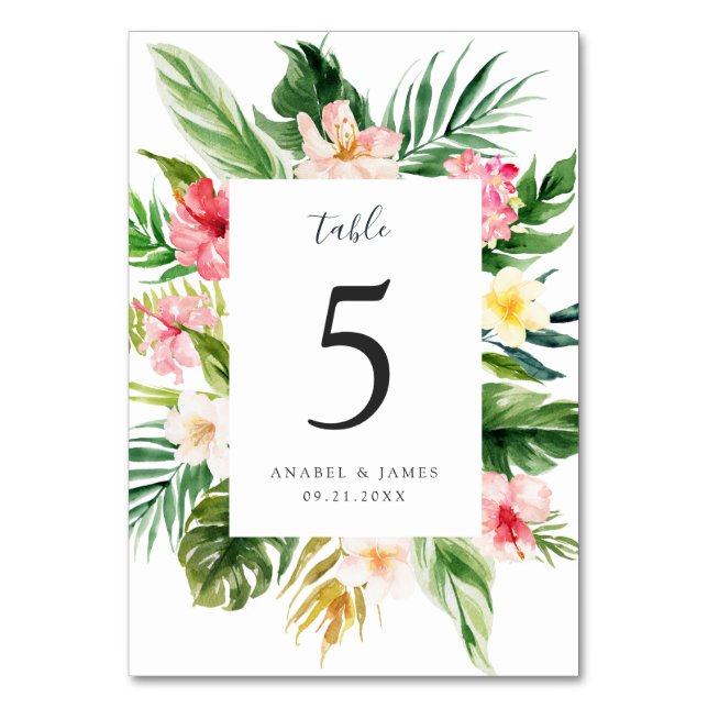 Tropical Floral Palm Leaves Blush Elegant Wedding Table Number (Front)