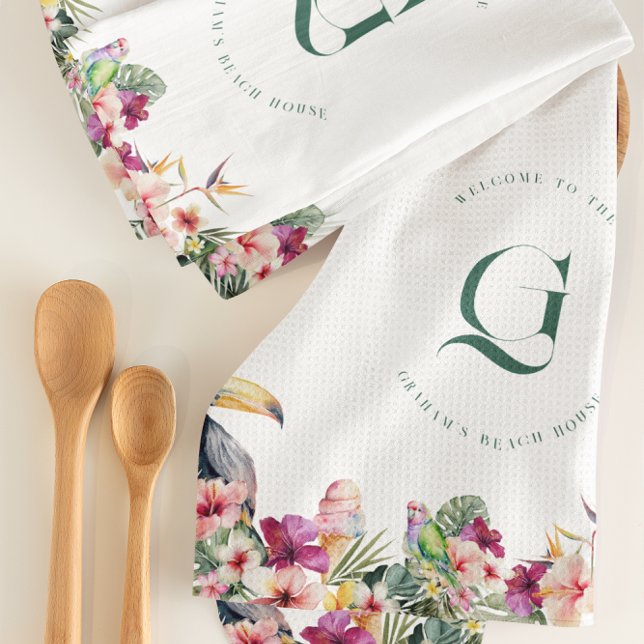Tropical Floral Palm Monogram Beach House Tea Towel (Creator Uploaded)