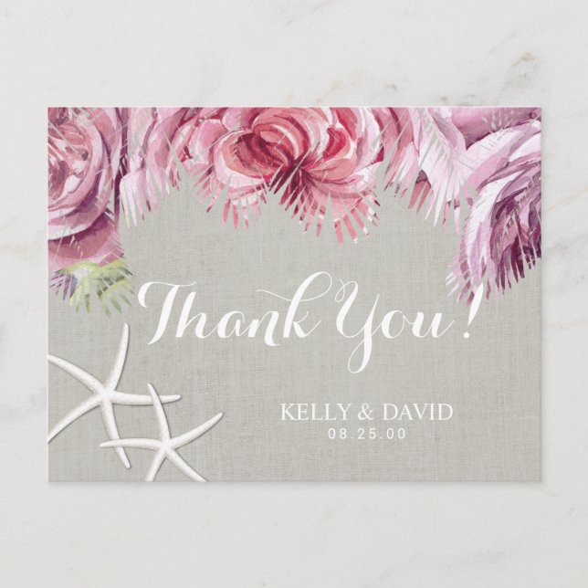 Tropical Floral Palm Tree Beach Starfish Thank You Postcard (Front)