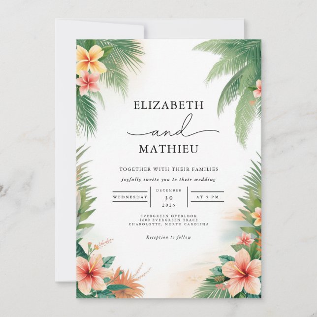 Tropical Floral Palm Wedding Invitation (Front)