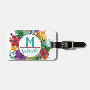 Tropical Floral Palm Wreath Monogram Initial Name Luggage Tag