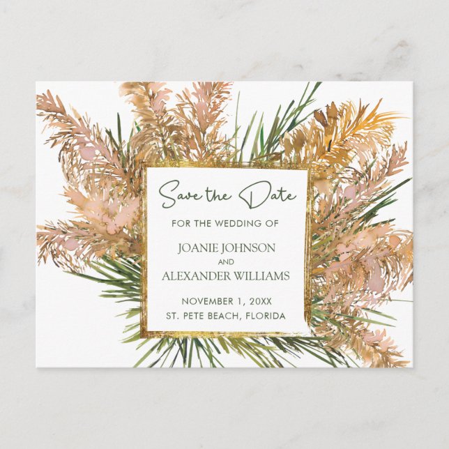 Tropical Floral Pampas Grass Wedding Save the Date Announcement Postcard (Front)