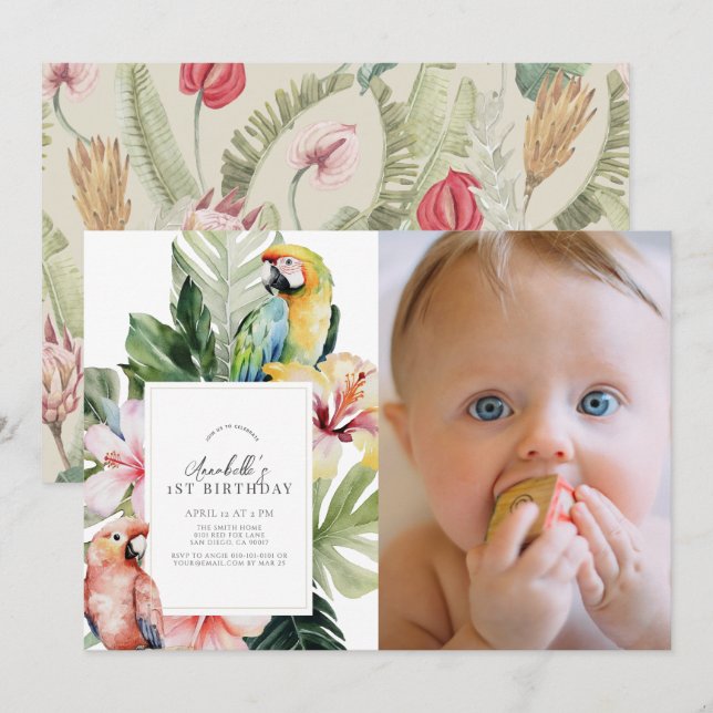 Tropical Floral Parrot Wht 1st Birthday Photo Invitation (Front/Back)
