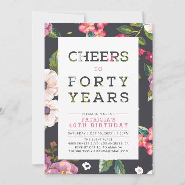 Tropical Floral Pattern 40th Birthday Party Invitation (Front)