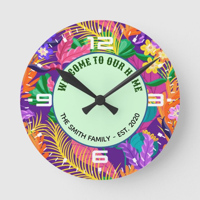 Tropical Floral Pattern Custom Text Template-23148 Round Clock (Front)