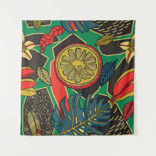 Tropical floral pattern in doodle style with fruit tapestry