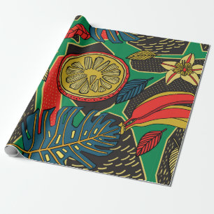 Tropical floral pattern in doodle style with fruit wrapping paper