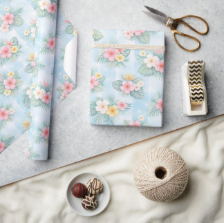 Tropical Floral Pattern on Light Blue Wrapping Paper