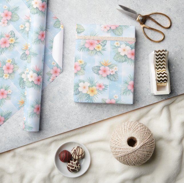 Tropical Floral Pattern on Light Blue Wrapping Paper (Crafts)