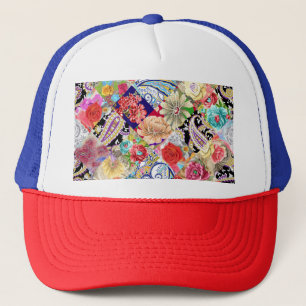 Tropical floral pattern, vibrant colors. trucker hat