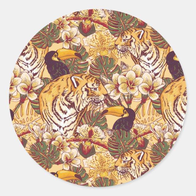Tropical Floral Pattern With Tiger Classic Round Sticker (Front)