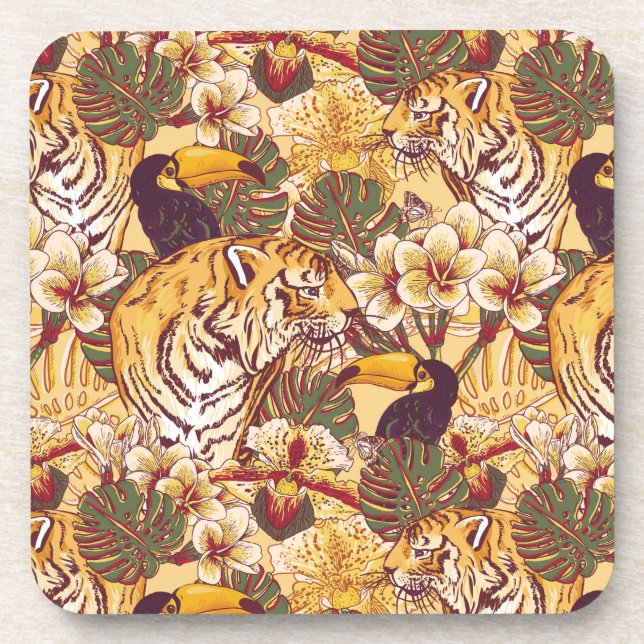 Tropical Floral Pattern With Tiger Coaster (Front)