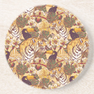 Tropical Floral Pattern With Tiger Coaster
