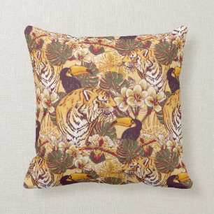 Tropical Floral Pattern With Tiger Cushion