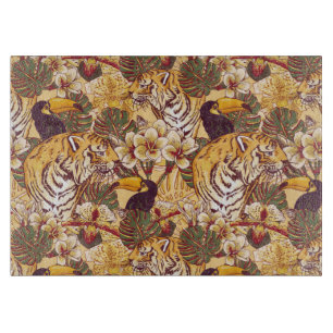 Tropical Floral Pattern With Tiger Cutting Board