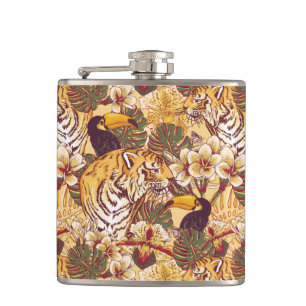 Tropical Floral Pattern With Tiger Hip Flask
