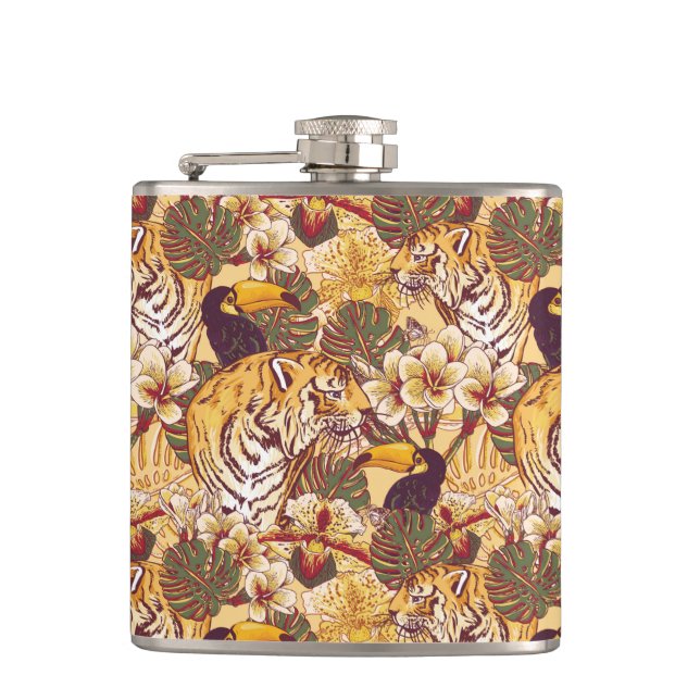 Tropical Floral Pattern With Tiger Hip Flask (Front)