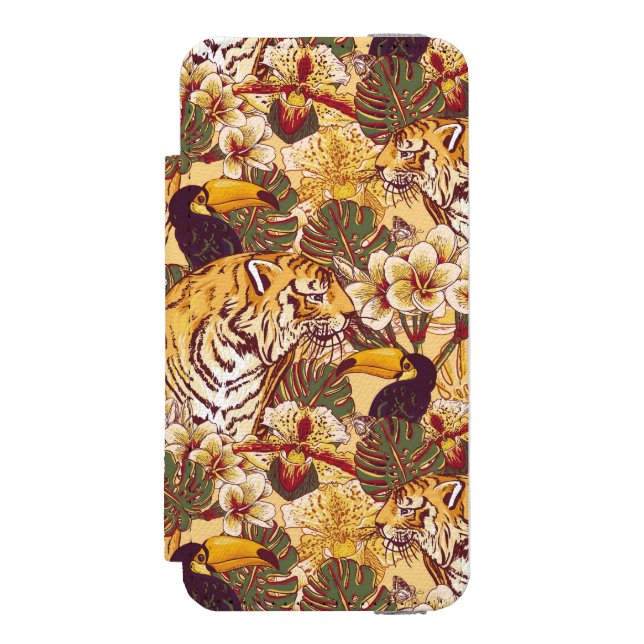 Tropical Floral Pattern With Tiger Incipio iPhone Wallet Case (Folio Front)