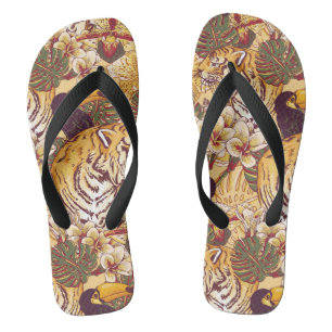 Tropical Floral Pattern With Tiger Jandals