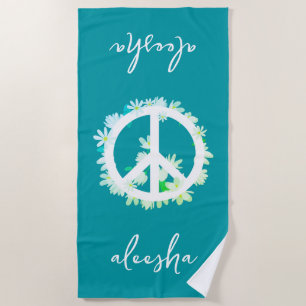 Tropical Floral Peace Sign Personalised Ocean Blue Beach Towel