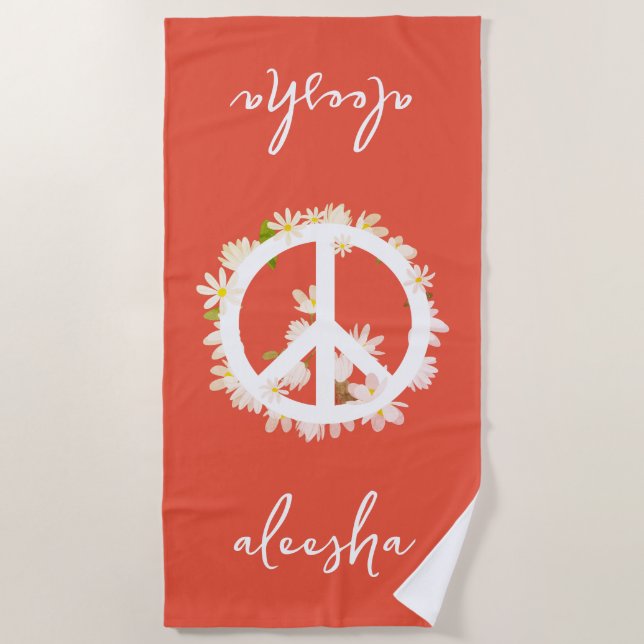 Tropical Floral Peace Sign Personalised Orange Beach Towel (Front)