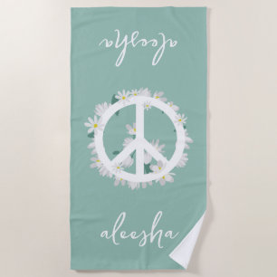 Tropical Floral Peace Sign Personalised Sea Green Beach Towel