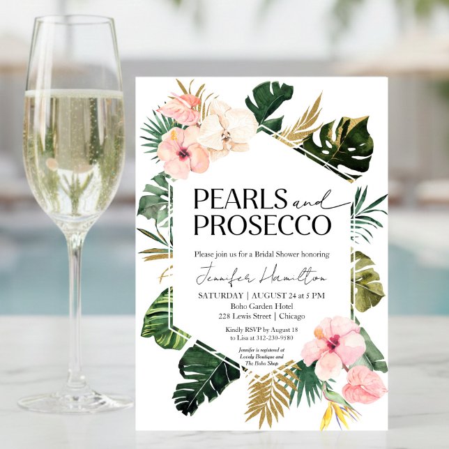  Tropical Floral Pearls and Prosecco Bridal Shower Invitation (Creator Uploaded)