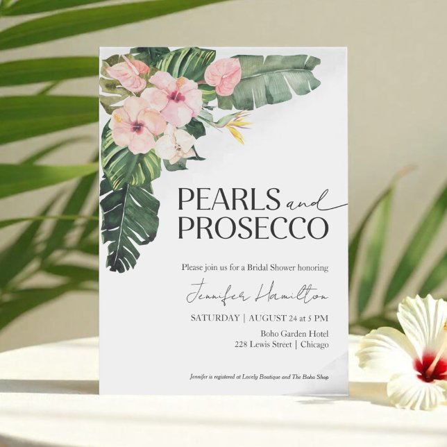 Tropical Floral Pearls and Prosecco Bridal Shower Invitation (Creator Uploaded)
