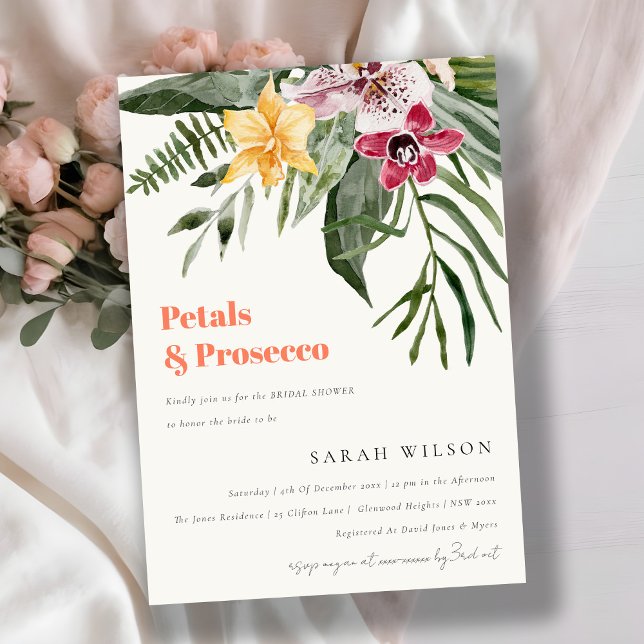 Tropical Floral Petals & Prosecco Bridal Shower Invitation (Creator Uploaded)