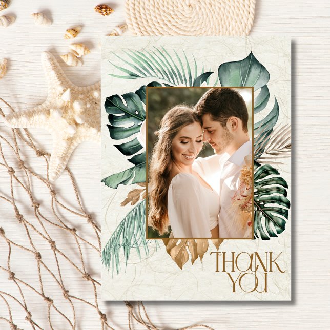 Tropical Floral Photo Beach Wedding Thank You Card (Tropical Floral Photo Beach Wedding Thank You Card)