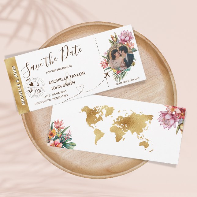 Tropical Floral Photo Boarding Pass World Map Invitation (Tropical Floral Save The Date boarding pass ticket invitation with a circle photo)