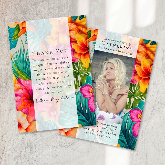 Tropical Floral Photo Sympathy Funeral Memorial Thank You Card (Creator Uploaded)