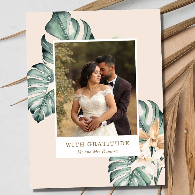 Tropical Floral Photo Wedding Thank You  Postcard (Tropical Floral Photo Wedding Thank You Postcard)