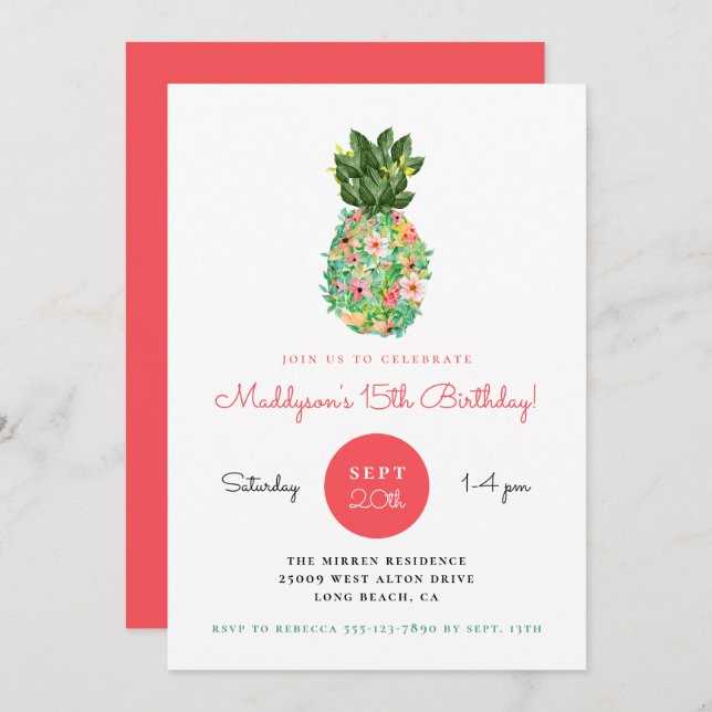Tropical Floral Pineapple Birthday Invitation (Front/Back)