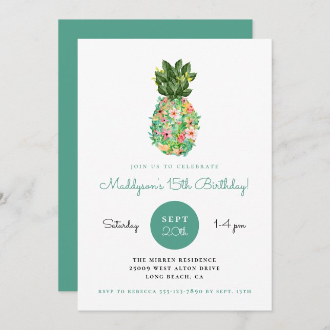 Tropical Floral Pineapple Birthday Invitation (Front/Back)