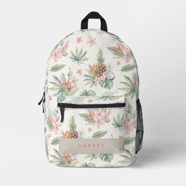 Tropical Floral Pineapple Coconut Watercolor Printed Backpack (Front)