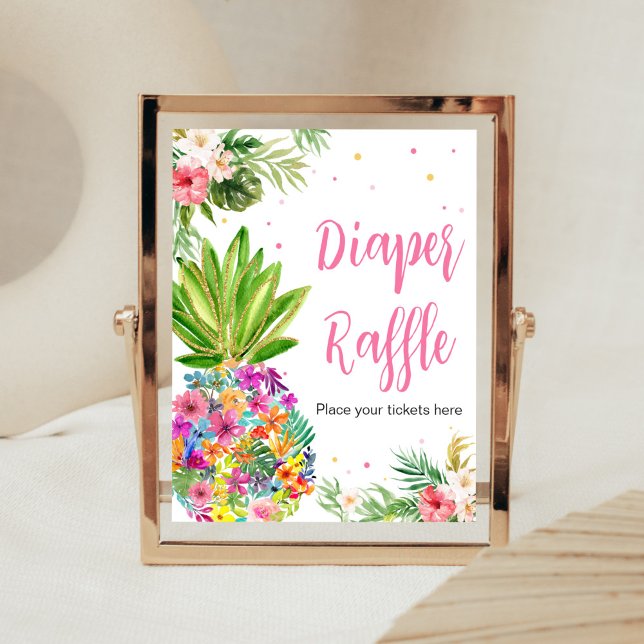 Tropical Floral Pineapple Diaper Raffle Poster (Aloha Pineapple Baby Shower Diaper Raffle Sign)