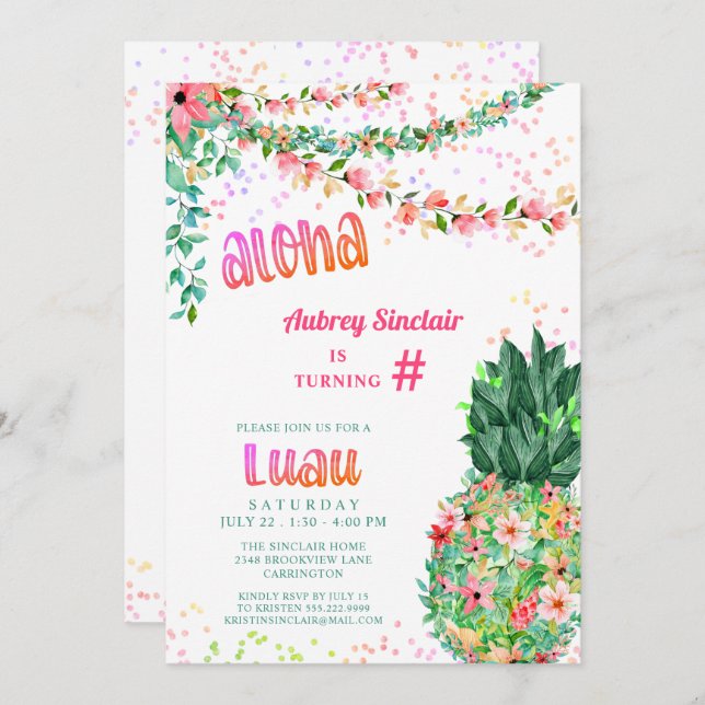 Tropical Floral Pineapple Luau ANY AGE Birthday Invitation (Front/Back)
