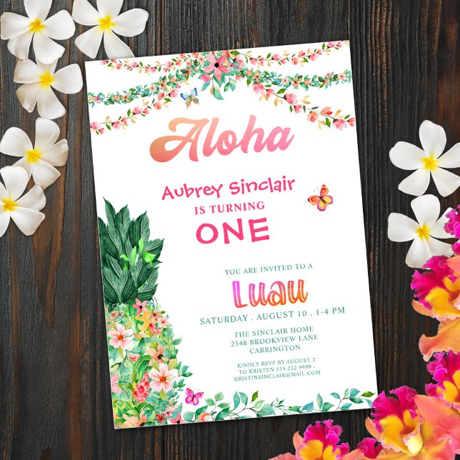 Tropical Floral Pineapple Luau First Birthday Invitation (Creator Uploaded)