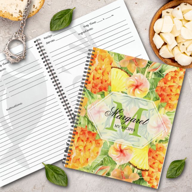 Tropical Floral Pineapple Recipe Notebook (Tropical Floral Pineapple Monogrammed Recipe Spiral Bound Book)