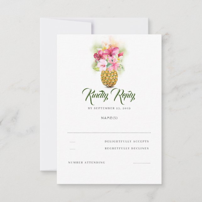 Tropical Floral Pineapple Vase Beach Wedding RSVP (Front)