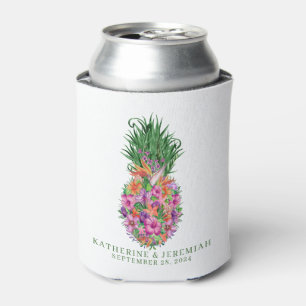 Tropical Floral Pineapple Watercolor Wedding Can Cooler