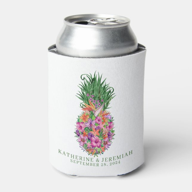 Tropical Floral Pineapple Watercolor Wedding Can Cooler (Can Front)