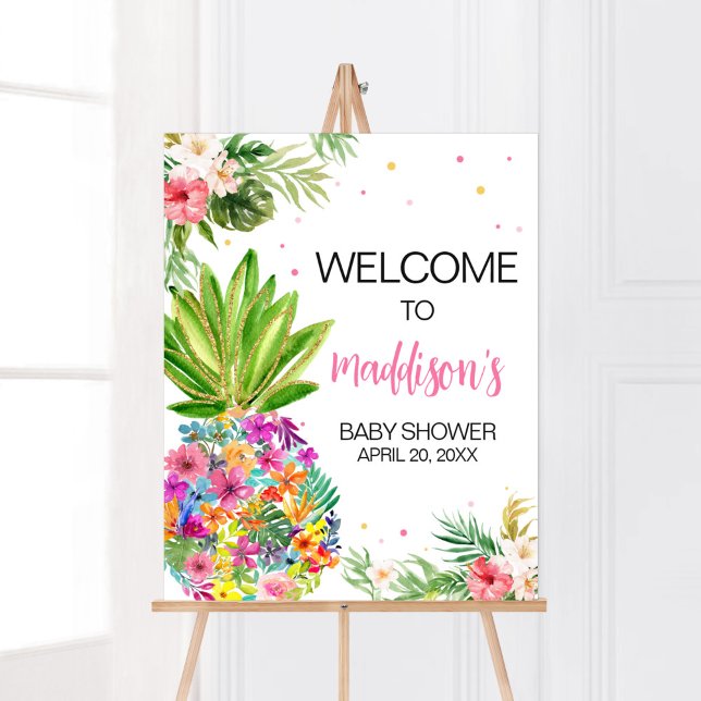 Tropical Floral Pineapple Welcome Poster (Aloha Pineapple Baby Shower Welcome Sign)