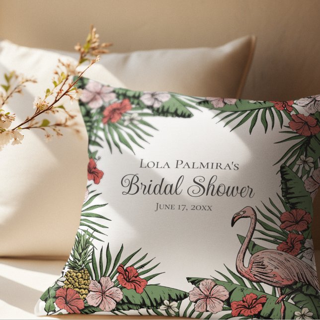 Tropical Floral Pink Flamingo Bridal Shower Cushion (Elegant Hawaiian Bridal Shower  Design. Hand-Drawn Tropical Hibiscus Flowers, Flamingo, Pineapple)