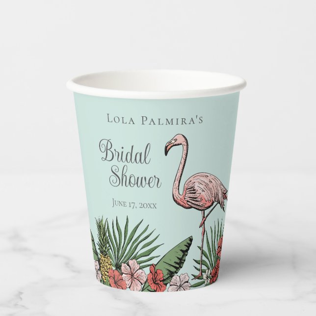 Tropical Floral Pink Flamingo Bridal Shower Paper Cups (Front)