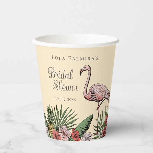 Tropical Floral Pink Flamingo Bridal Shower Paper Cups (Front)